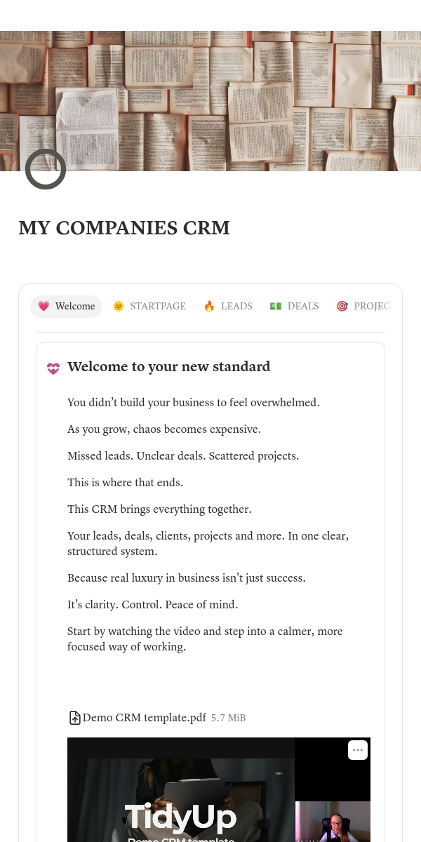 TidyUp your business CRM template on mobile — the welcome page in the Notion app