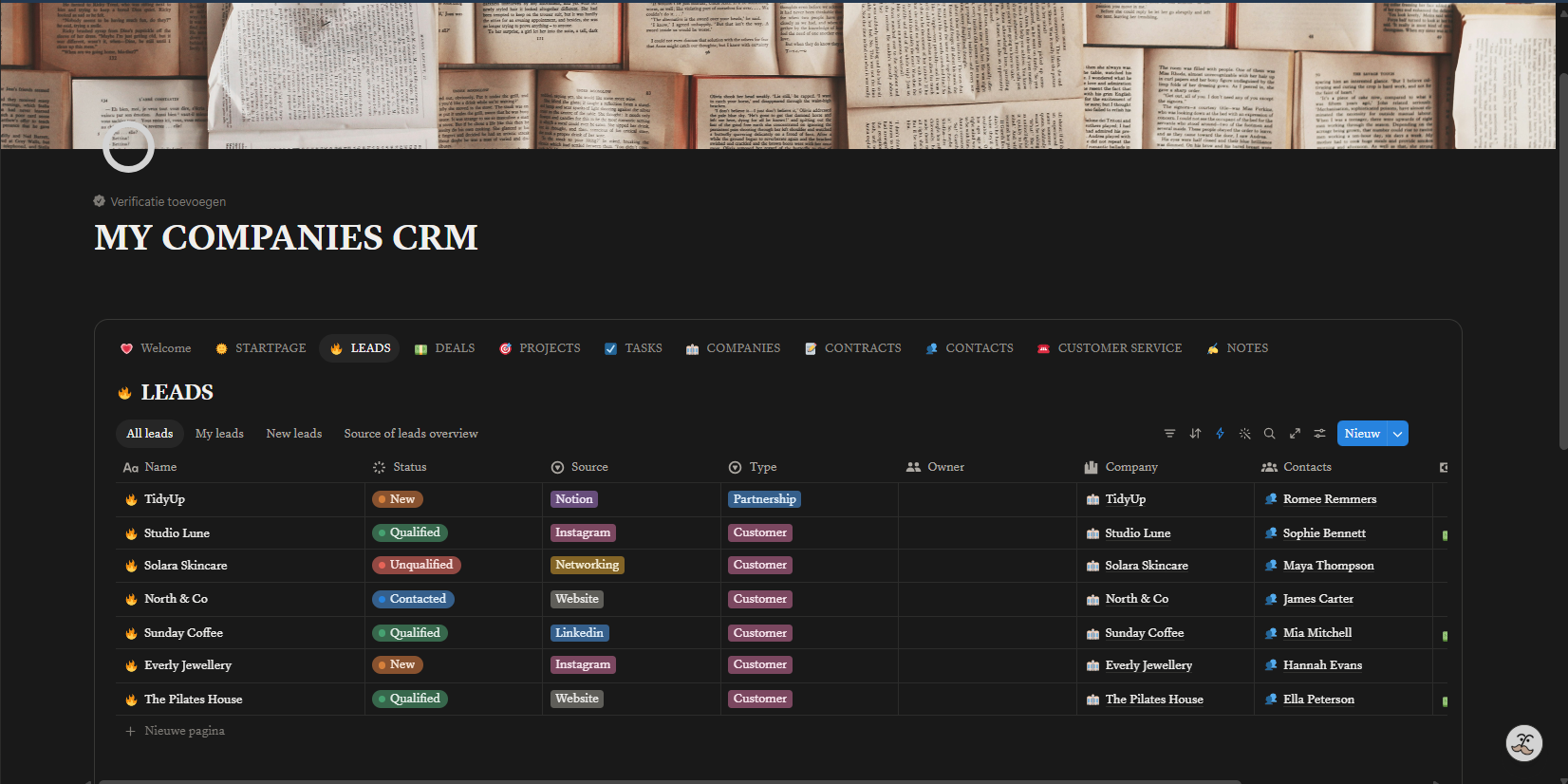 TidyUp your business CRM template — My Companies CRM homepage with the leads database in Notion